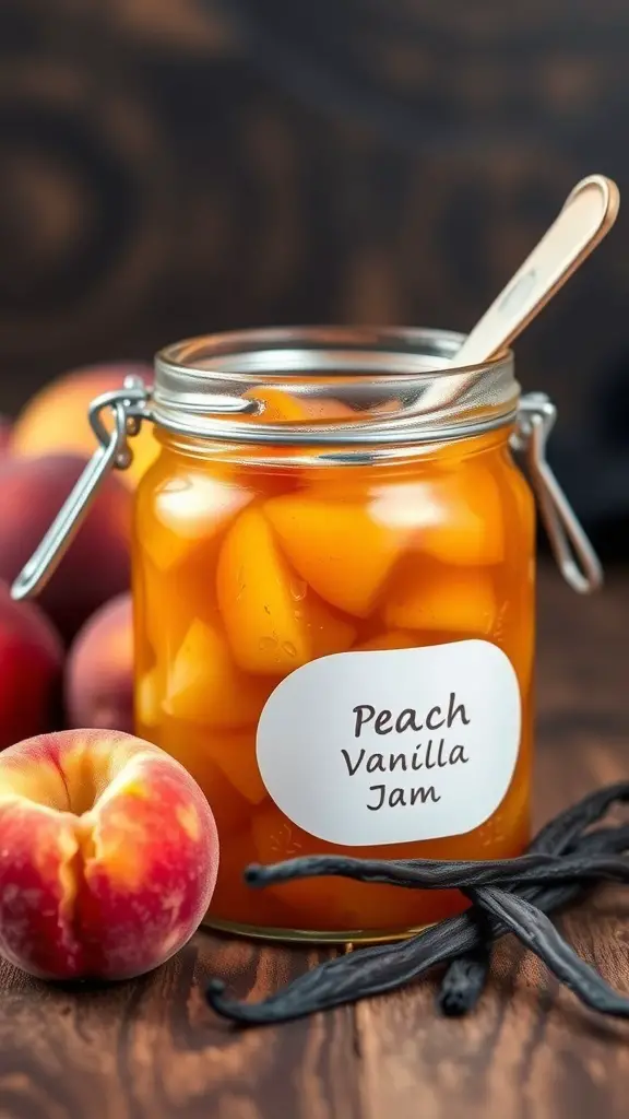 A jar of Peach Vanilla Jam with fresh peaches and vanilla beans