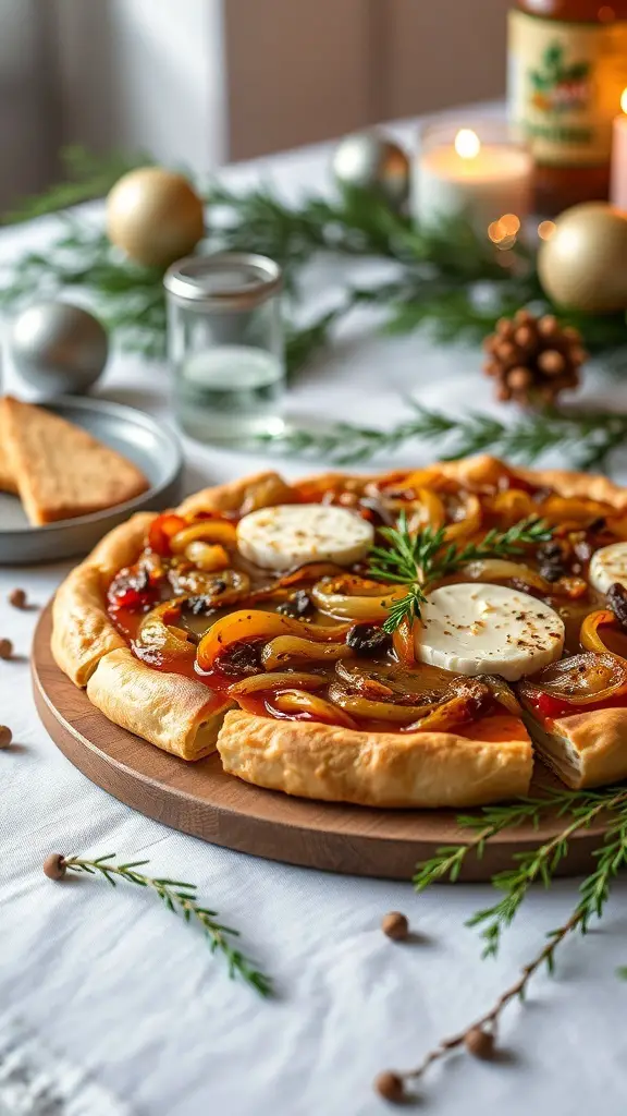 A delicious caramelized onion and goat cheese tart on a wooden board, surrounded by festive decorations.