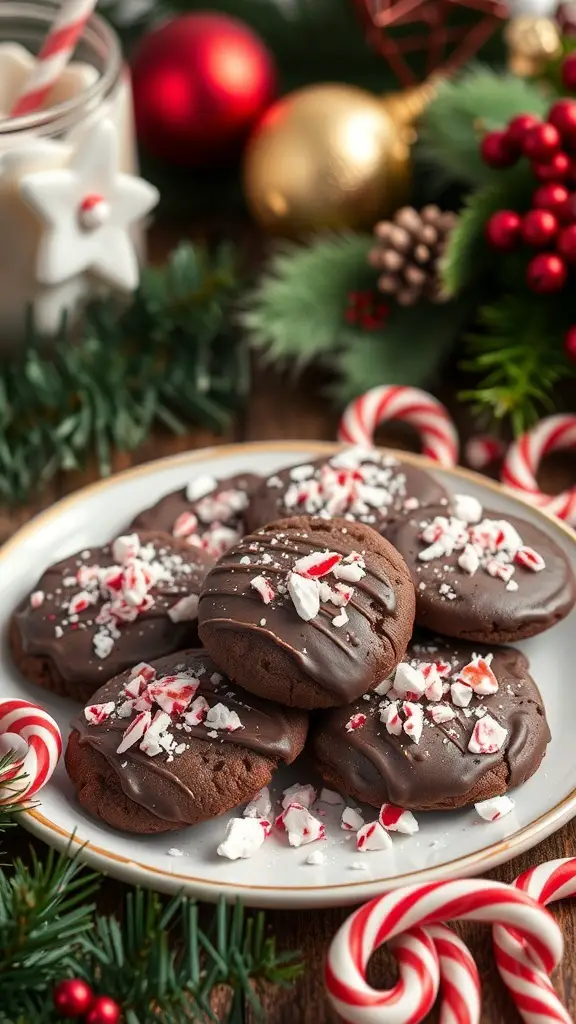A plate of chocolate peppermint cookies decorated with crushed peppermint and chocolate drizzle, surrounded by holiday decorations.