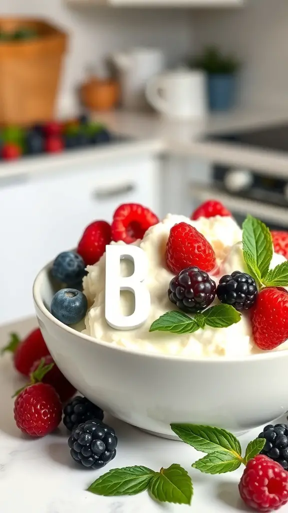 A bowl of cottage cheese topped with fresh berries and mint leaves.