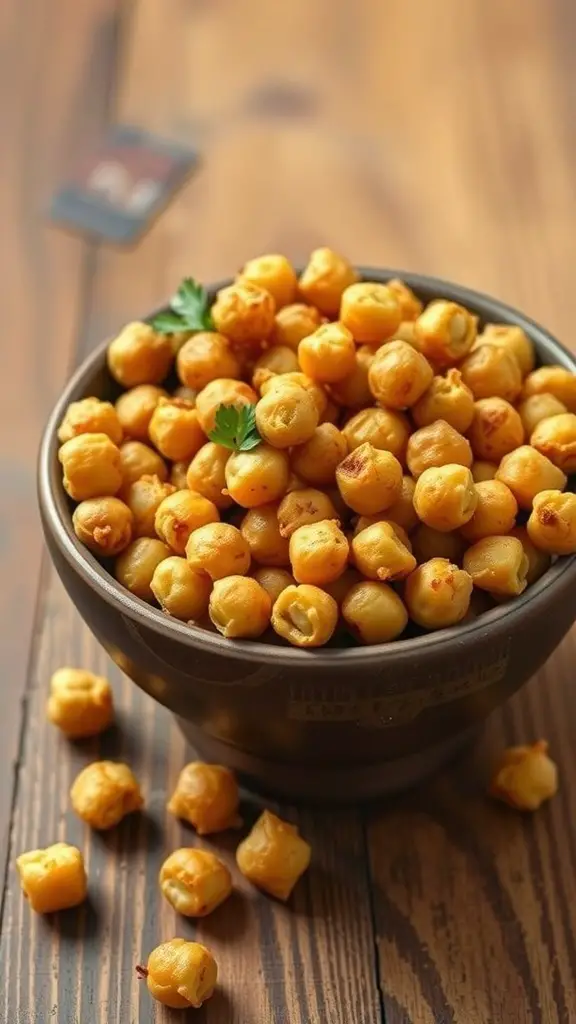 A bowl of roasted chickpeas seasoned with paprika on a wooden table.