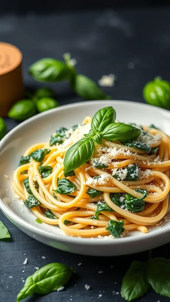 A bowl of spinach and ricotta fettuccine topped with basil and Parmesan cheese.