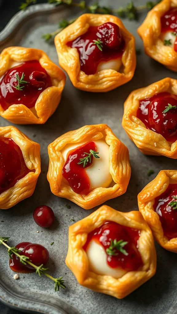 A plate of cranberry brie bites topped with cranberry sauce and thyme