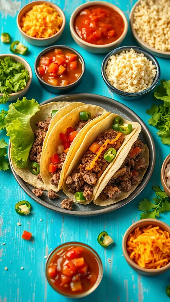 A colorful taco night setup with tortillas, ground beef, and various toppings.