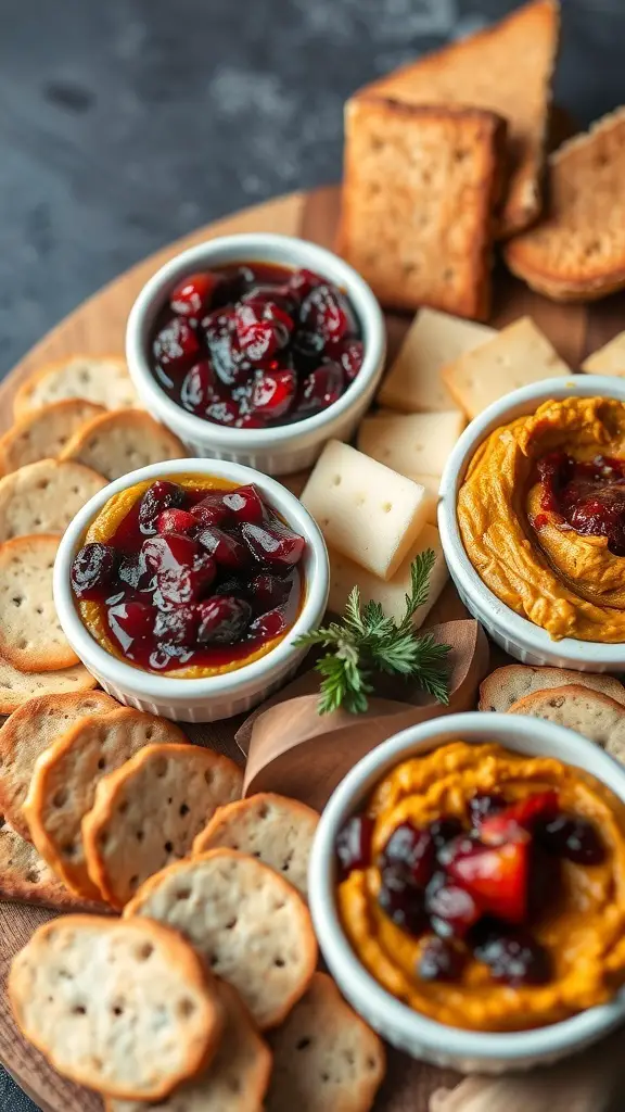 A Thanksgiving charcuterie board with dips, crackers, and cheese.