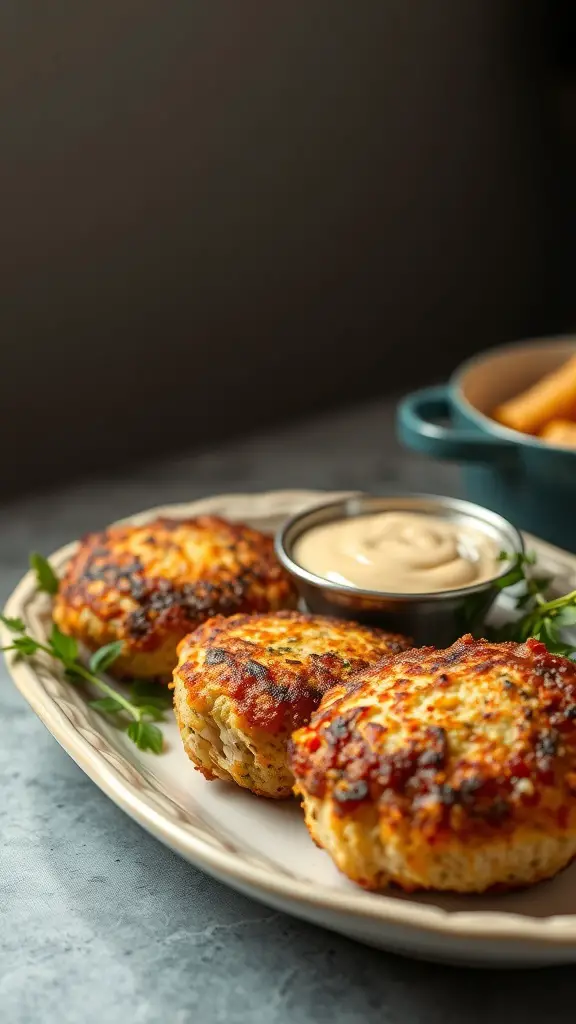 Plate of spicy crab cakes with a small bowl of remoulade sauce
