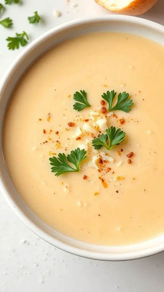 A bowl of creamy garlic parmesan cauliflower soup garnished with parsley and spices.