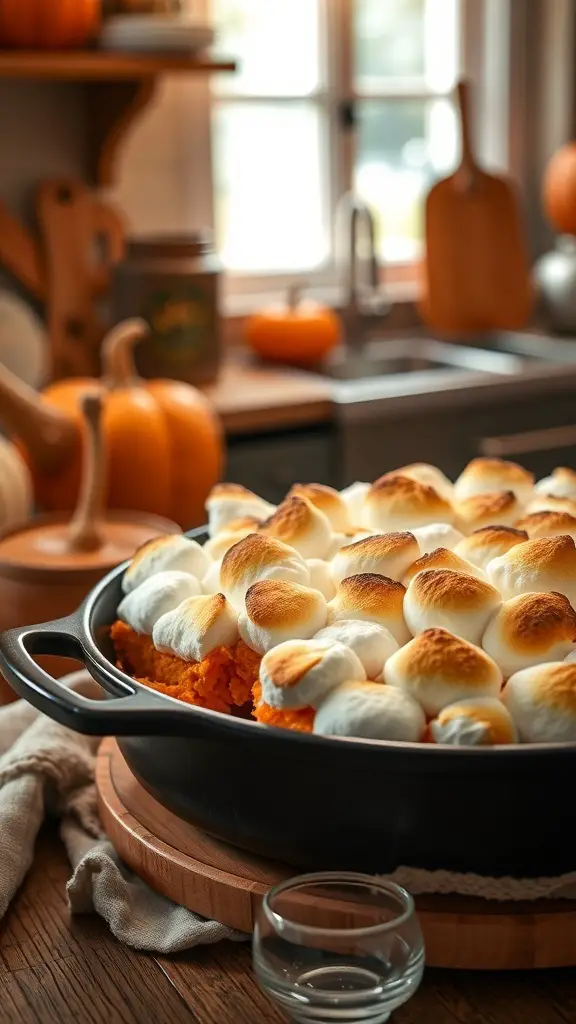 A delicious sweet potato casserole topped with toasted marshmallows, set in a cozy kitchen environment.