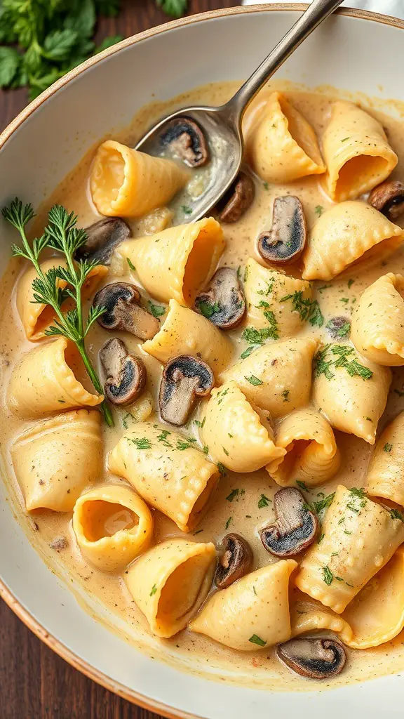 A bowl of tortellini in creamy mushroom sauce garnished with herbs.