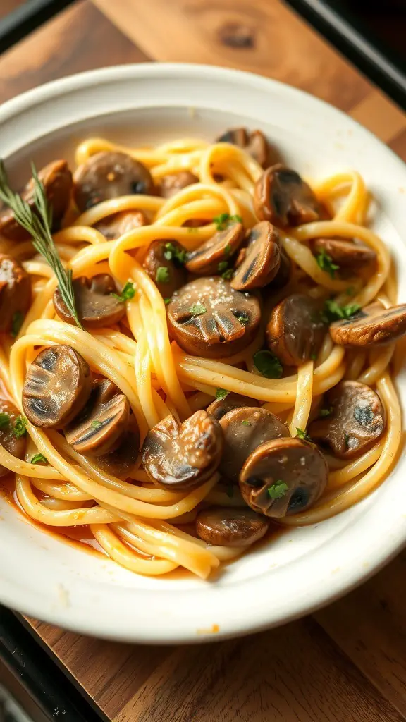 A plate of creamy mushroom egg noodle bake with sautéed mushrooms and herbs.