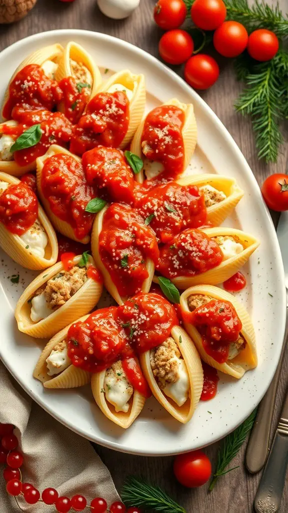 A platter of stuffed pasta shells topped with marinara sauce and garnished with fresh basil.