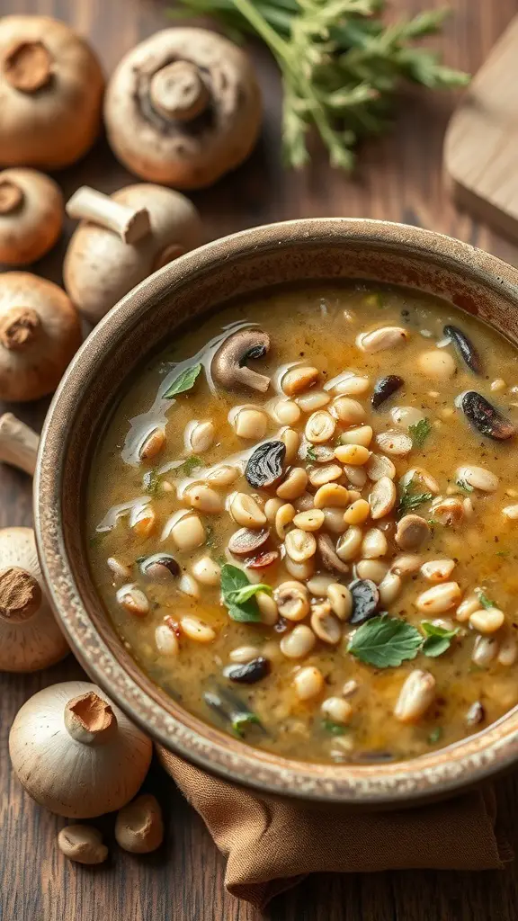 A bowl of Mushroom Barley Soup surrounded by fresh mushrooms and herbs.
