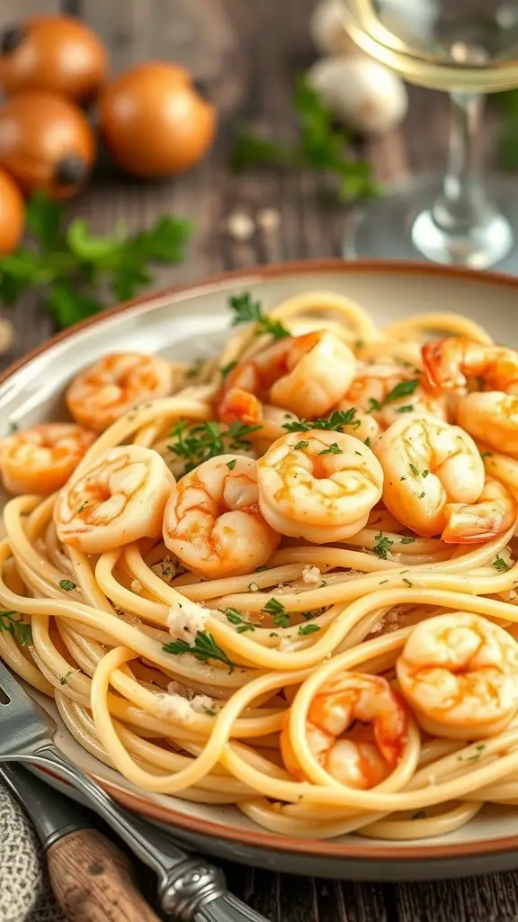 A plate of shrimp scampi fettuccine garnished with parsley, with shrimp and pasta in a creamy sauce.