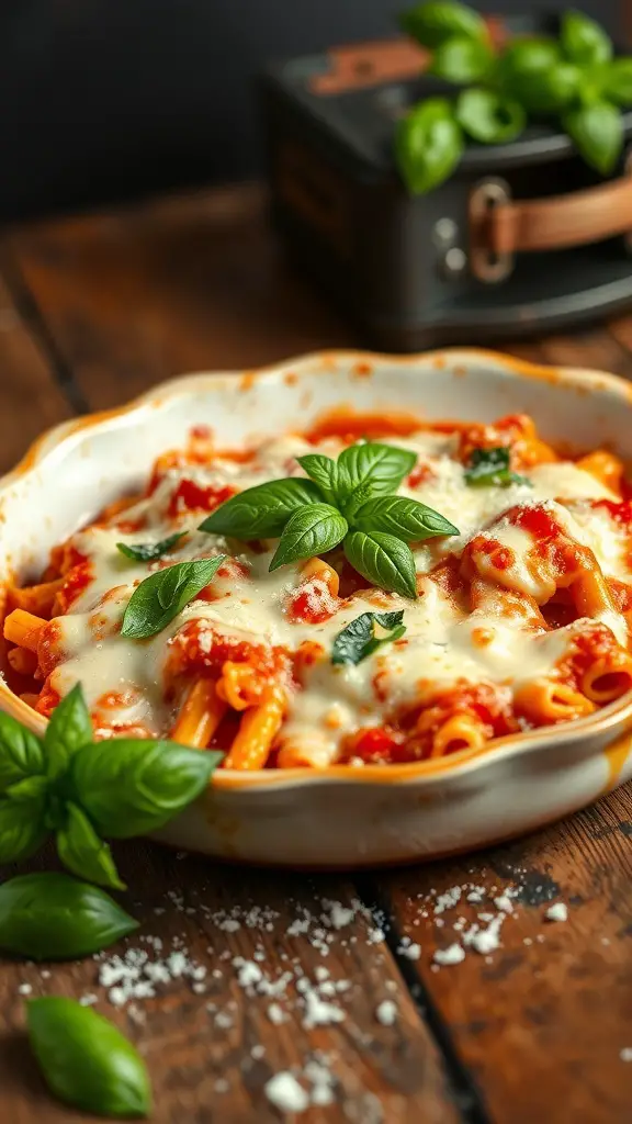 A serving of cheesy baked ziti with ricotta, topped with fresh basil, on a wooden table.