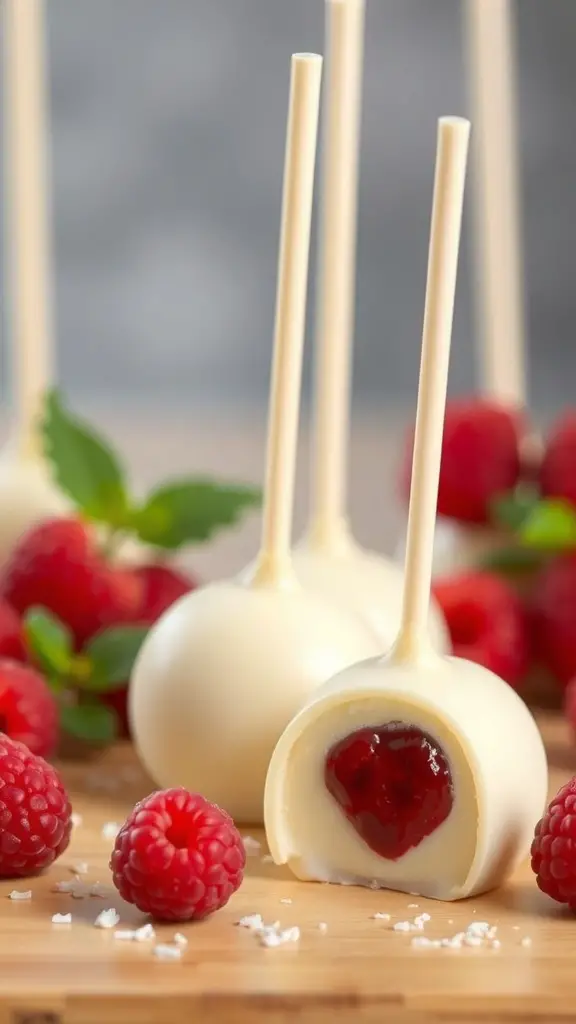 White chocolate raspberry cake pops with raspberry filling and fresh raspberries
