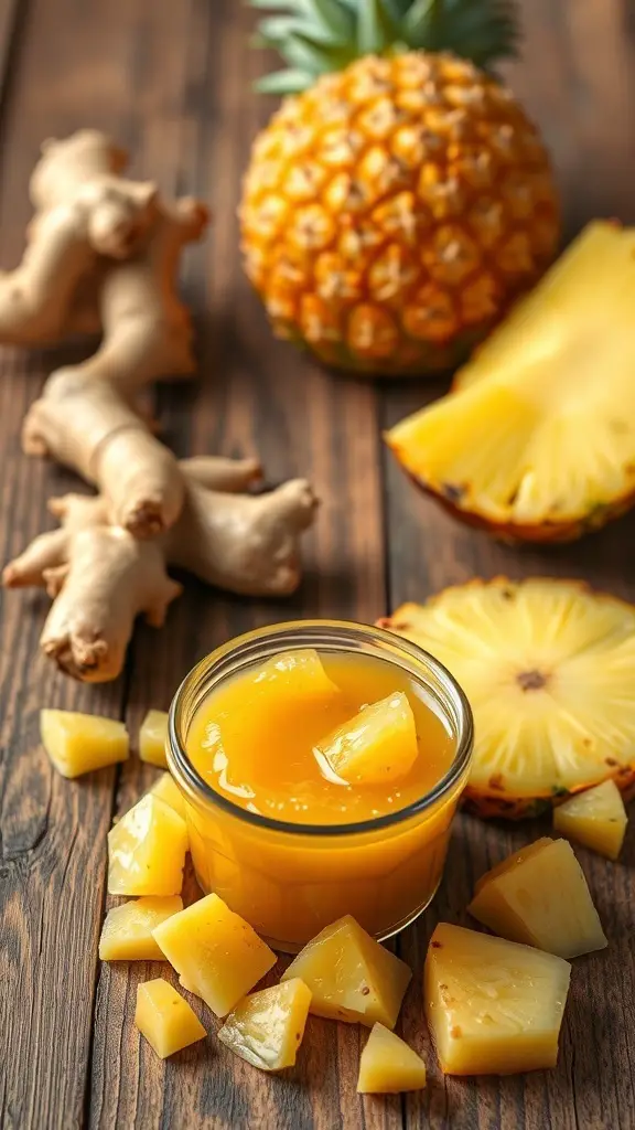 A jar of pineapple ginger jam surrounded by fresh pineapples and ginger root on a wooden surface.