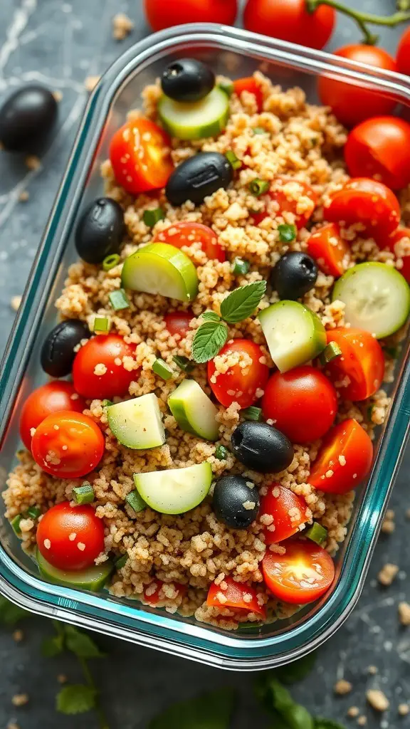 A vibrant Mediterranean quinoa salad with cherry tomatoes, cucumbers, and black olives in a glass container.