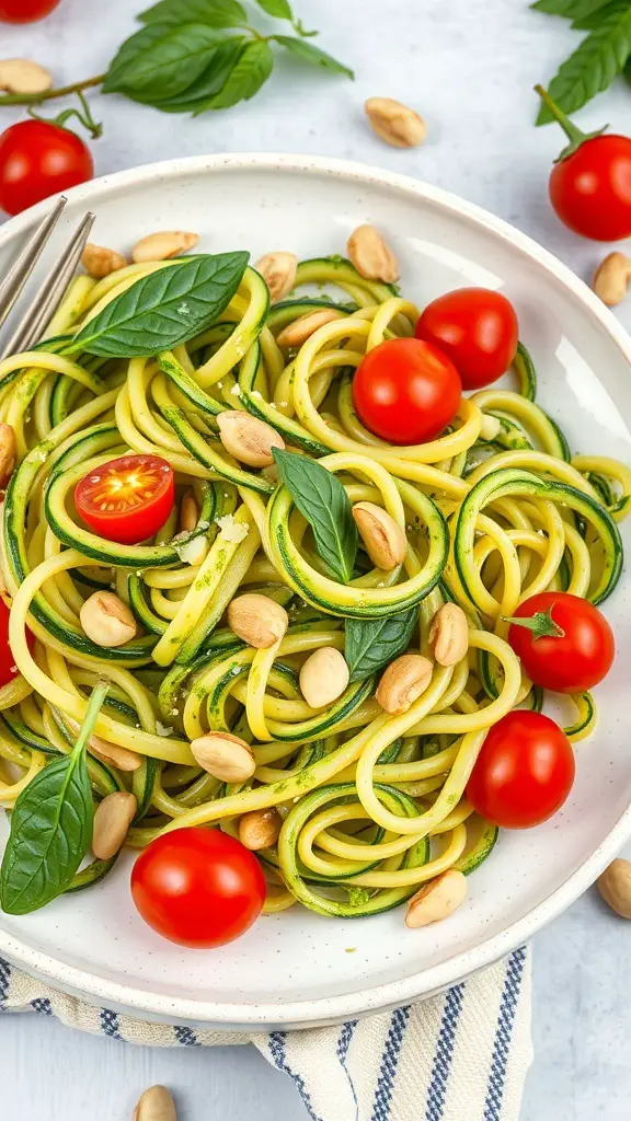 A plate of zucchini noodles with pesto, topped with cherry tomatoes and nuts.