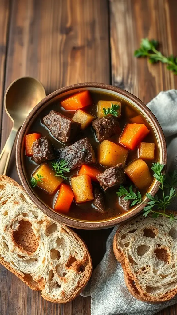 A bowl of hearty beef stew with root vegetables, served with slices of bread on the side.