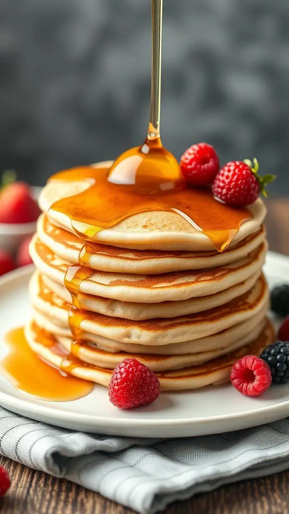 A stack of pancakes drizzled with syrup and topped with fresh berries.