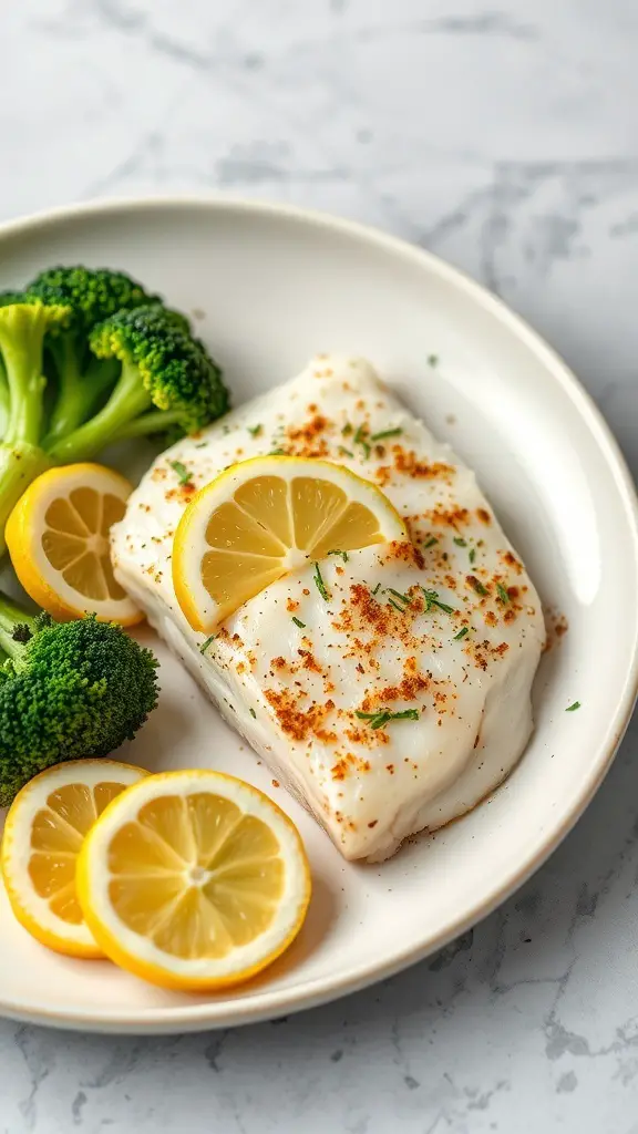 Baked lemon garlic cod served with broccoli and lemon slices