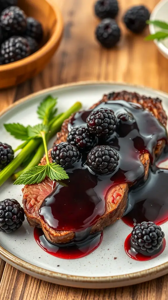 A plate of venison steak topped with blackberry reduction and fresh blackberries, garnished with herbs.