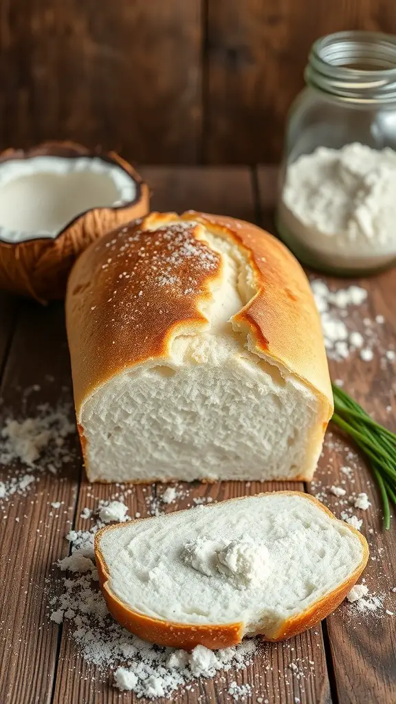 A freshly baked coconut flour bread loaf on a wooden table with coconut and flour in the background.