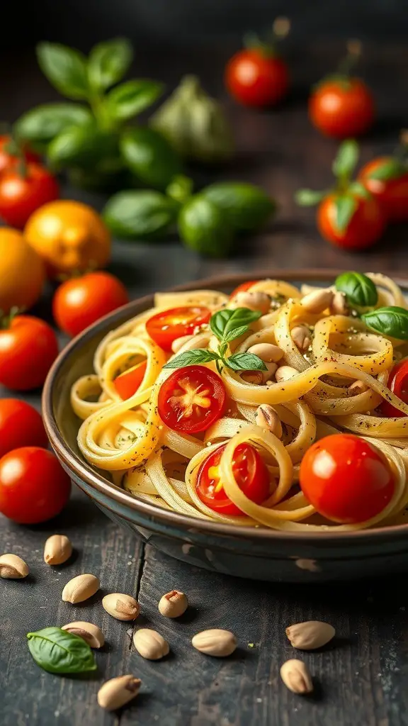 A bowl of fettuccine noodles topped with cherry tomatoes, basil leaves, and pine nuts, surrounded by fresh tomatoes and basil.