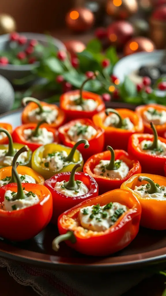 A plate of stuffed mini peppers filled with creamy cheese and herbs, set against a festive background.