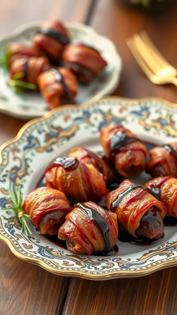 A plate of crispy bacon-wrapped dates, garnished with a drizzle of glaze.