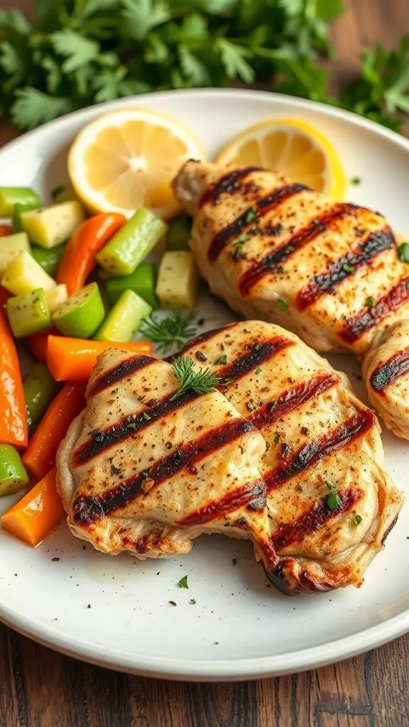 Grilled chicken thighs with lemon slices and colorful vegetables on a plate.