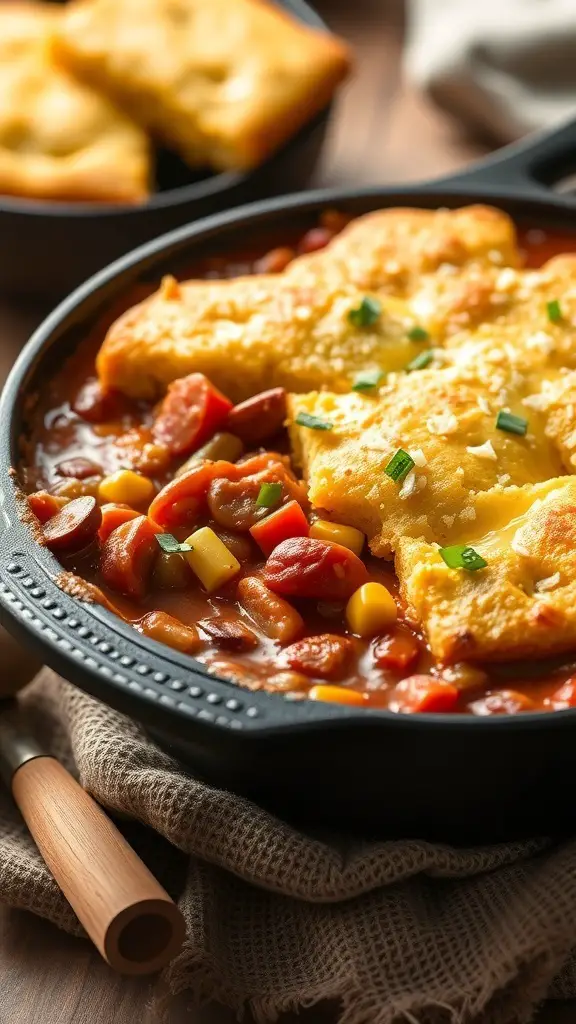 A delicious turkey chili casserole topped with cornbread, showcasing vibrant ingredients like beans and corn.