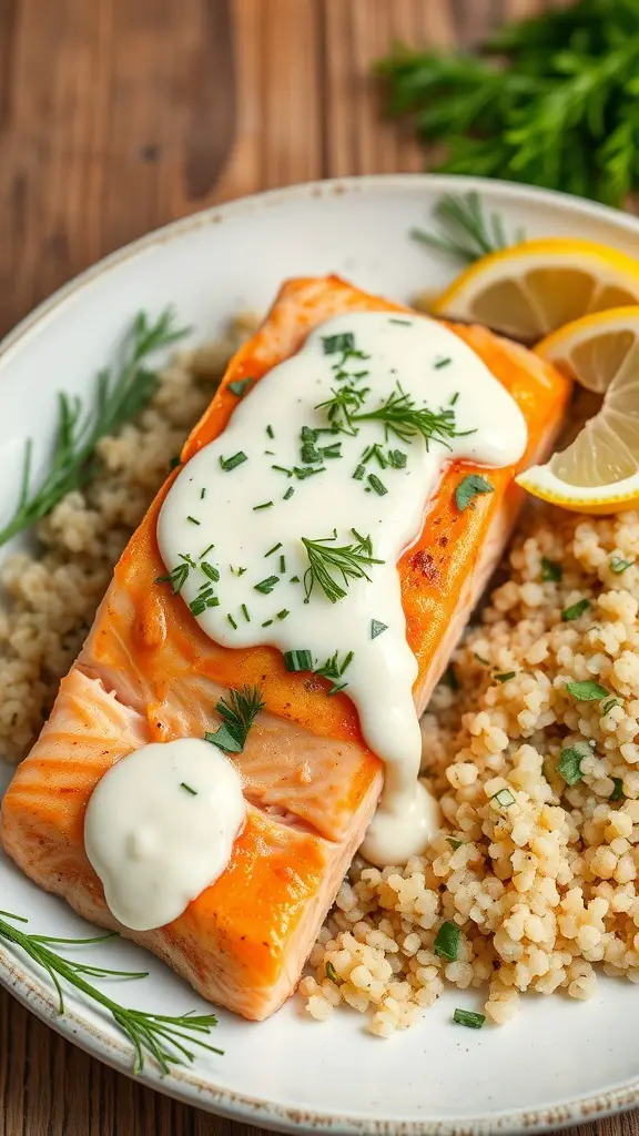 Baked salmon fillet topped with lemon dill cream sauce, served with couscous and lemon slices.