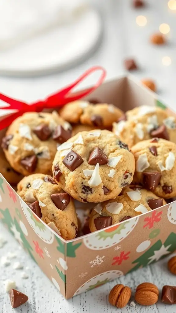 A festive box filled with Almond Joy Cookies topped with chocolate and coconut.