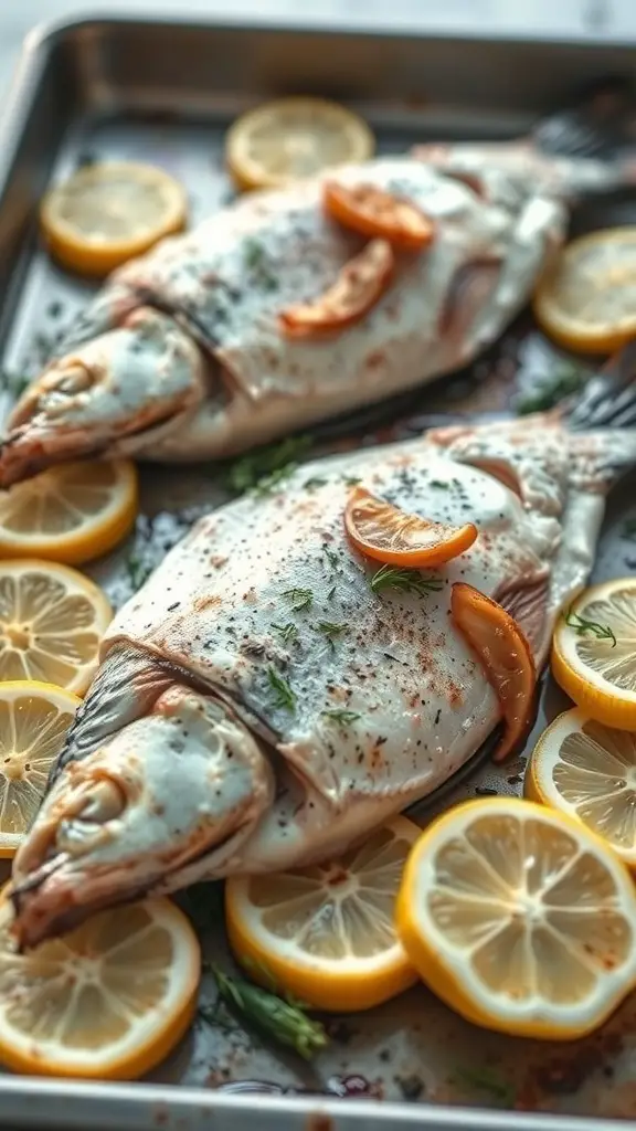 Two whole fish on a baking tray with lemon slices and herbs
