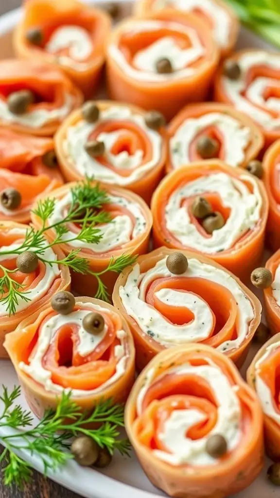 A platter of smoked salmon and cream cheese roll-ups garnished with capers and herbs.