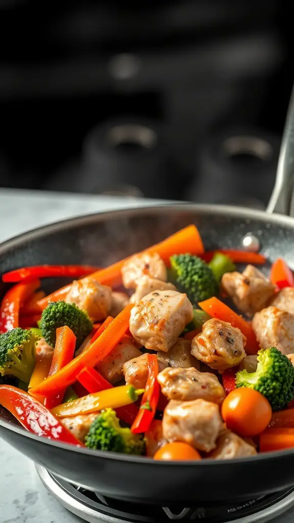 A colorful chicken stir-fry with cubed chicken breast and various vegetables in a frying pan.