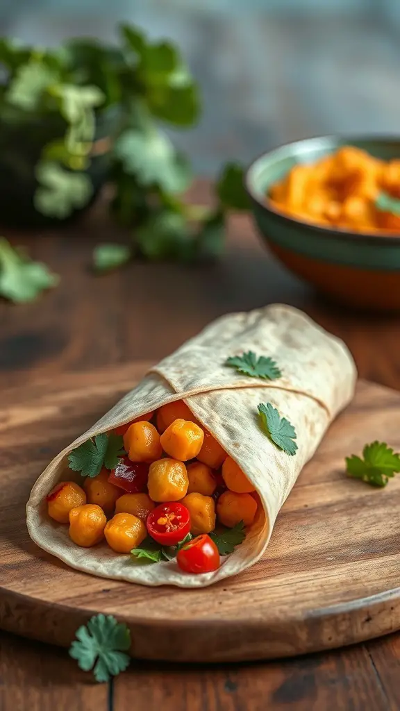A spicy chickpea wrap filled with chickpeas, tomatoes, and cilantro, resting on a wooden board.