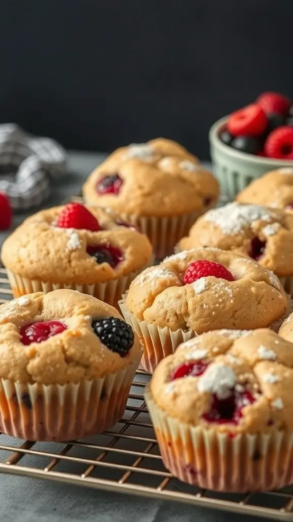 A close-up of freshly baked sourdough discard muffins with berries, showcasing their golden tops and vibrant fruit.