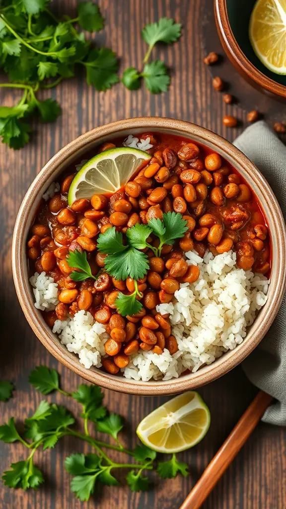 A bowl of spicy lentils over rice, garnished with cilantro and lime.