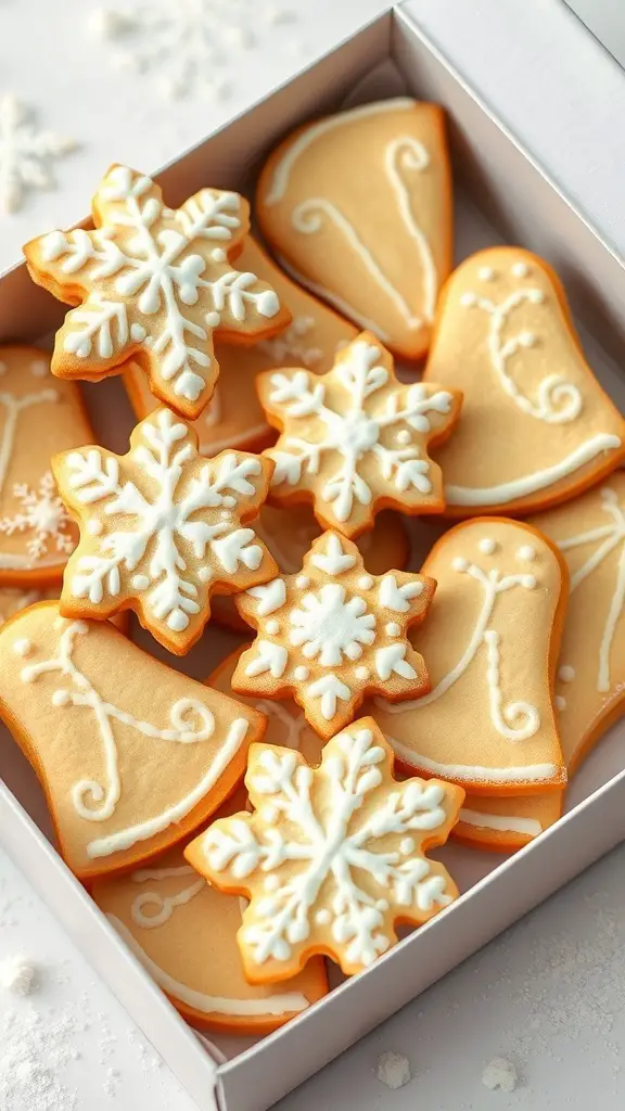 A box filled with beautifully decorated shortbread cookies in the shapes of bells and snowflakes.
