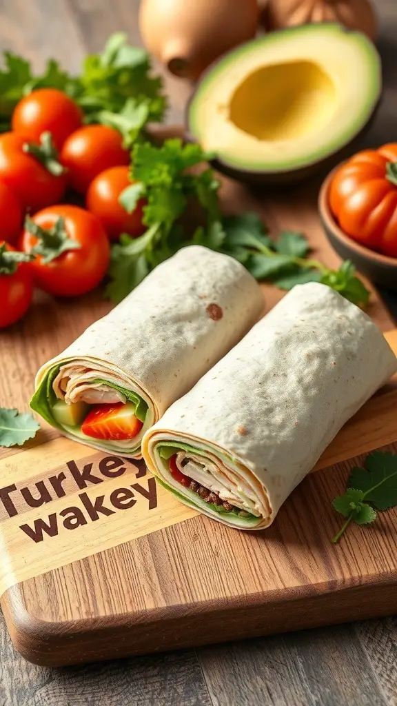 A delicious turkey and avocado wrap on a wooden cutting board with fresh ingredients in the background.