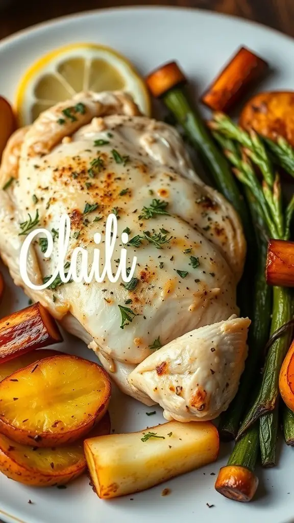 A plate of zesty lemon herb chicken with roasted vegetables