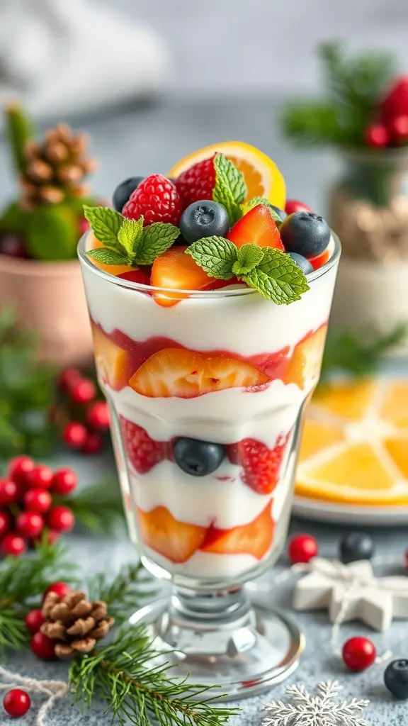 A colorful holiday fruit and yogurt parfait with layers of yogurt, strawberries, blueberries, and mint.