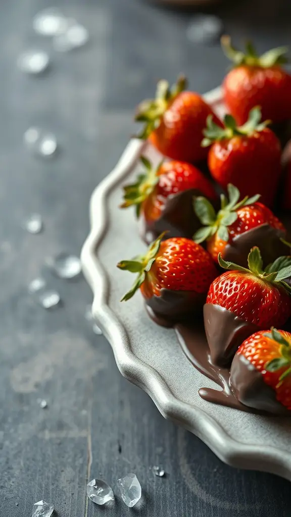 A plate of dark chocolate covered strawberries on a wooden table.