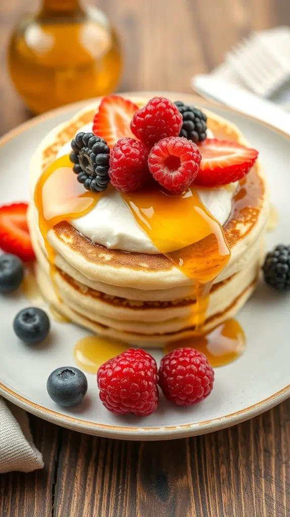 A stack of cottage cheese pancakes topped with berries and syrup on a plate.