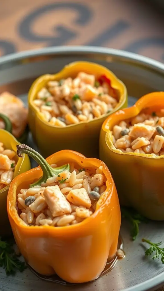 Colorful salmon-stuffed bell peppers filled with rice and herbs.