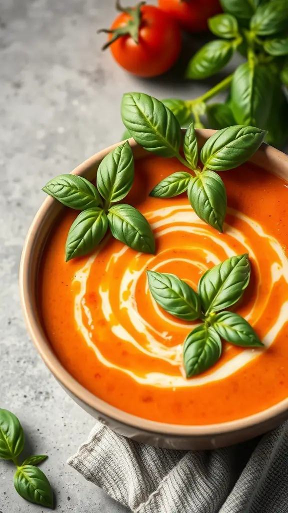 A bowl of creamy tomato basil soup topped with fresh basil leaves, surrounded by tomatoes and a cloth napkin.