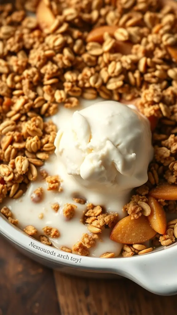 A delicious apple crisp topped with oats and a scoop of vanilla ice cream