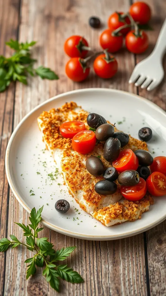 A plate of Mediterranean breaded tilapia topped with cherry tomatoes and olives, garnished with parsley.